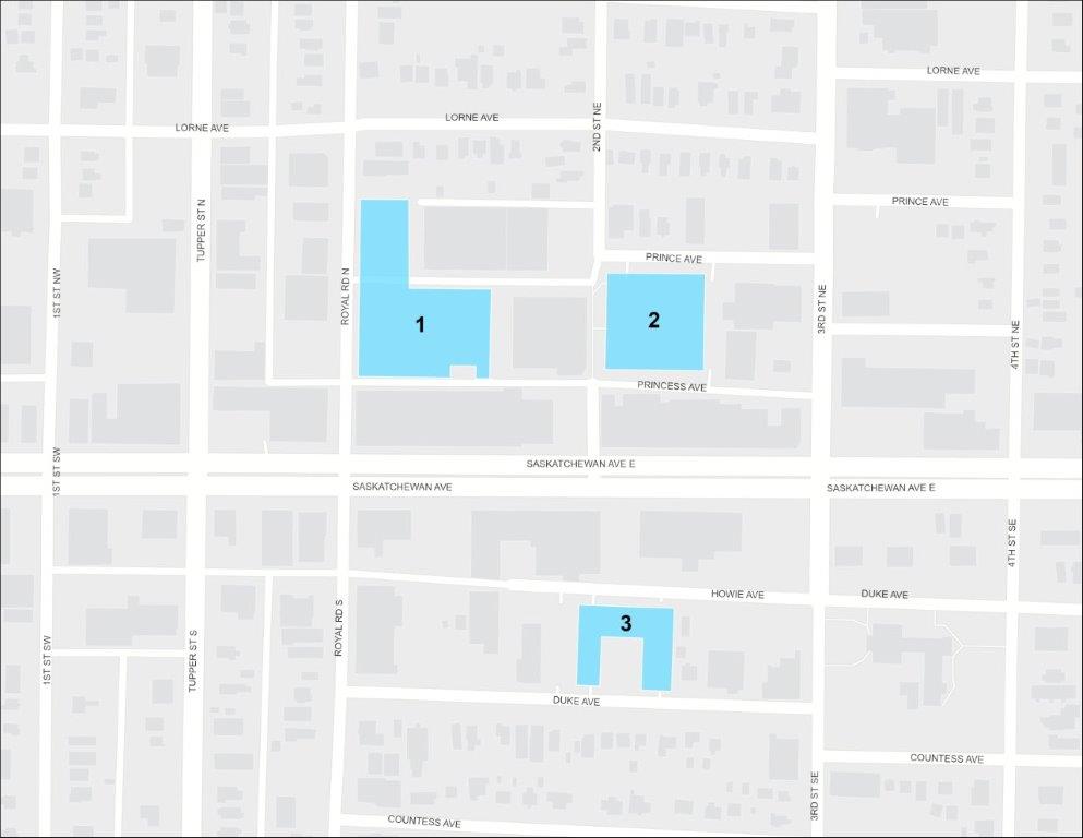 Map showing three city-owned time-limited parking lots highlighted in blue, labeled 1, 2, and 3 near Saskatchewan Avenue East